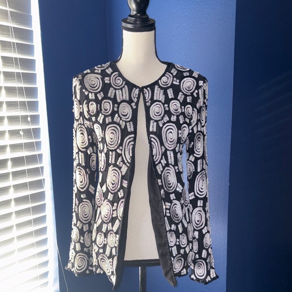 Rina Z. 100% Pure Silk Black & White Sequin Jacket – Size S – EUC